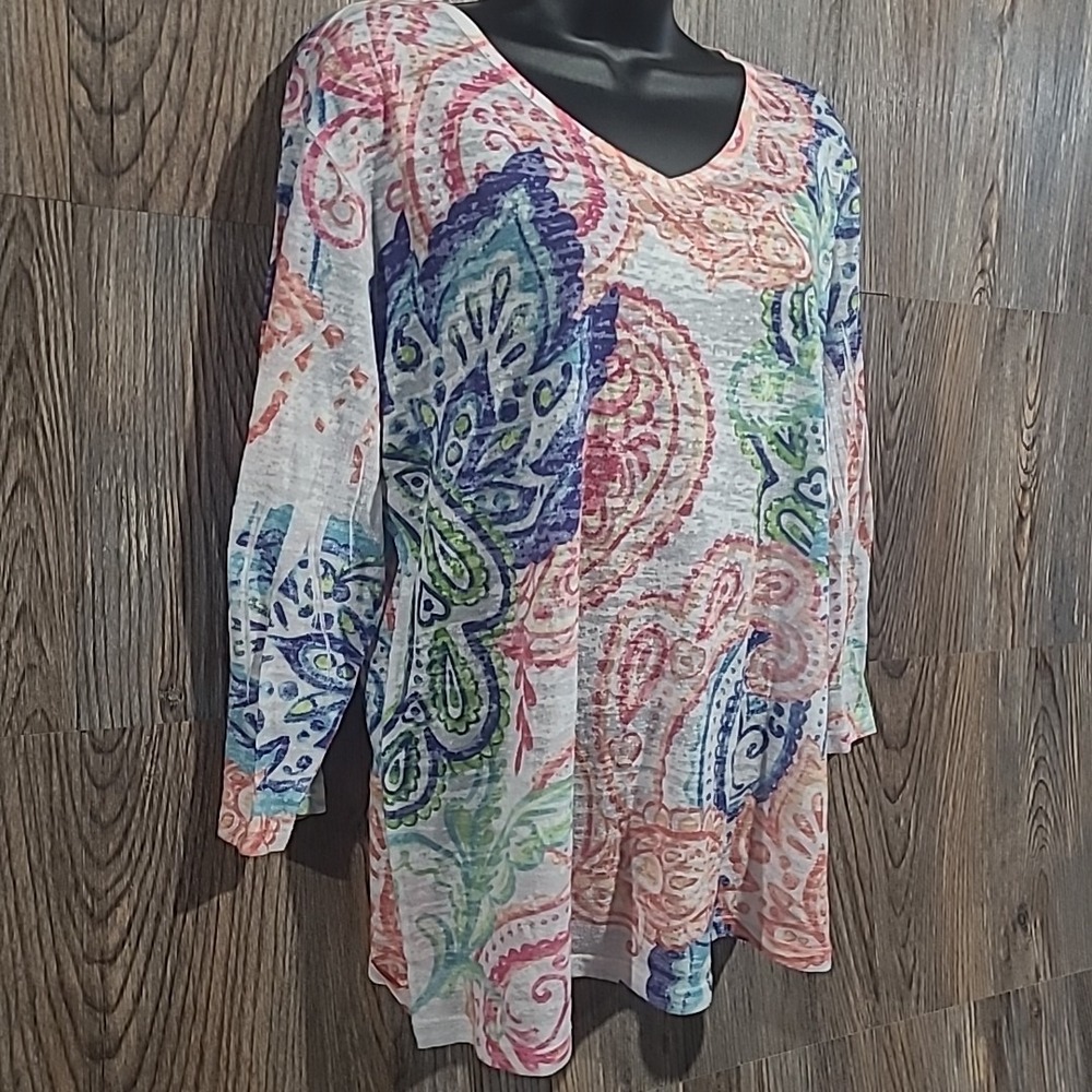 Jess & Jane Burnout 3/4 Sleeve Shirt Size L Multicolor Paisley Artsy Semi-Sheer - Picture 2 of 9